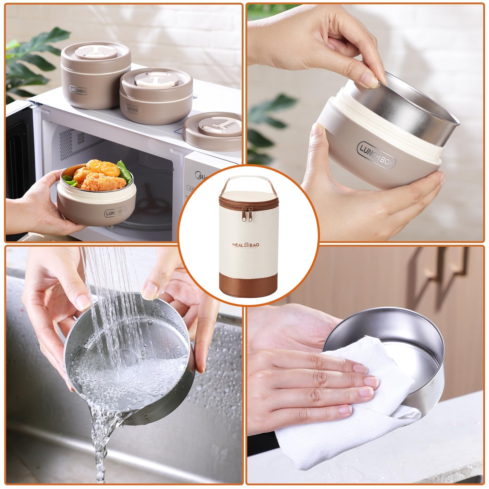 Dandat 3 Pcs Insulated Lunch Container Set, Stackable Stainless Steel Bento Box