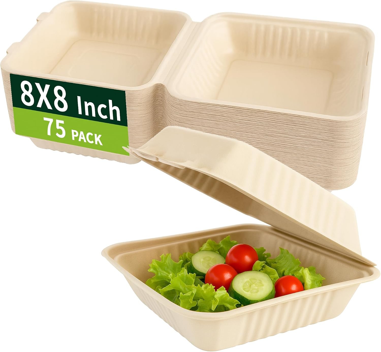 8×8 Inch To Go Boxes 75 Pack Compostable Clamshell Take Out Containers Natural