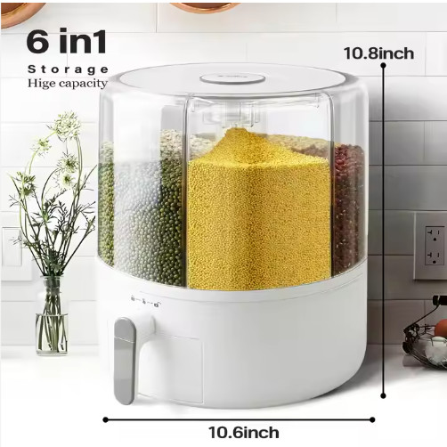 Food Storage container bin bucket 6in1 anti spill scoop rotating 10.8″ x 10.6″