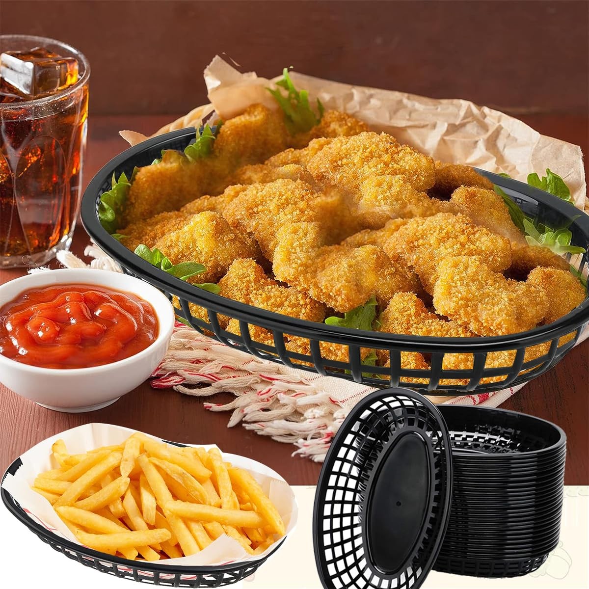 50 Pack Black Plastic Food Baskets 9″ x 5.7″ Oval Fry Fast Food Basket Plasti…