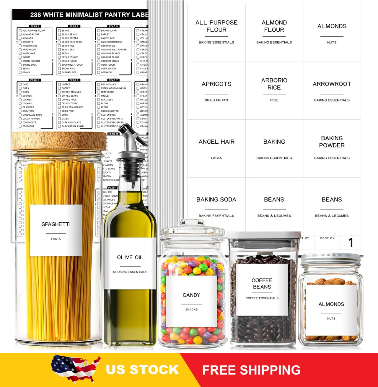 288 Pantry Labels for Food Containers,Preprinted Minimalist Waterproof Stickers