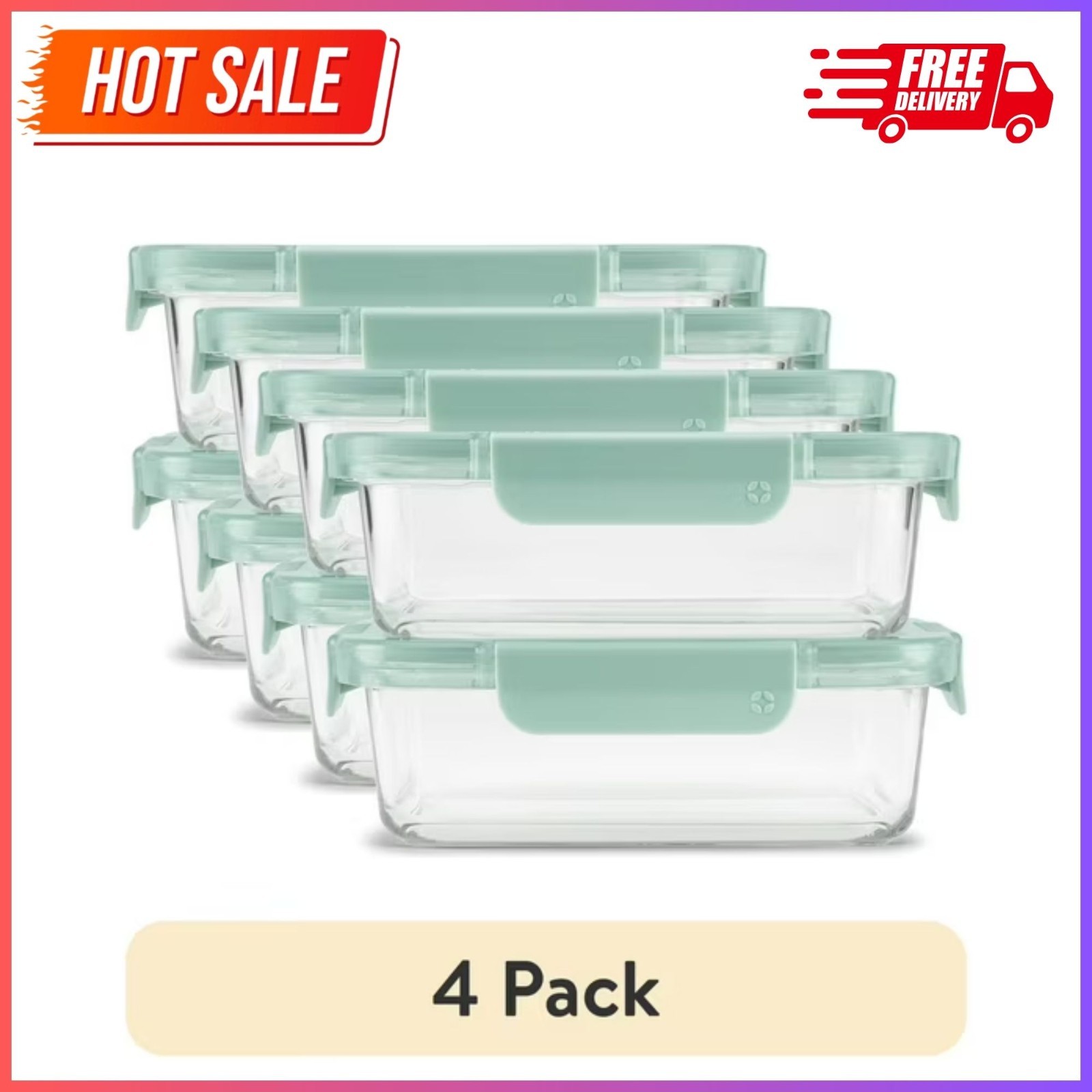 4PK Ello Color Lock 3.4 Cup 2 Pack Glass Meal Prep Containers with Locking Lids