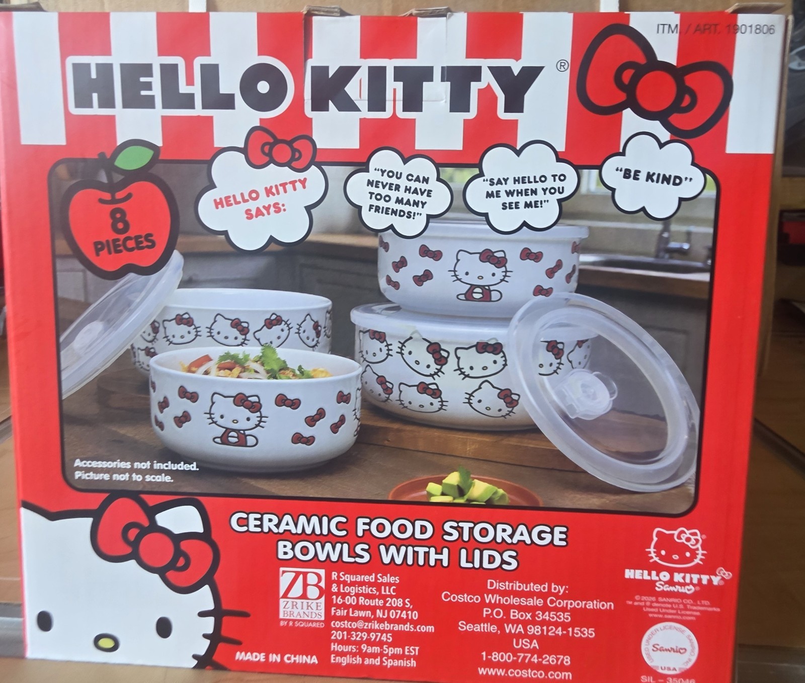 Hello Kitty Ceramic Bowl Set w/ Snap Lids 8pc White/Red/Clear Med/Lg