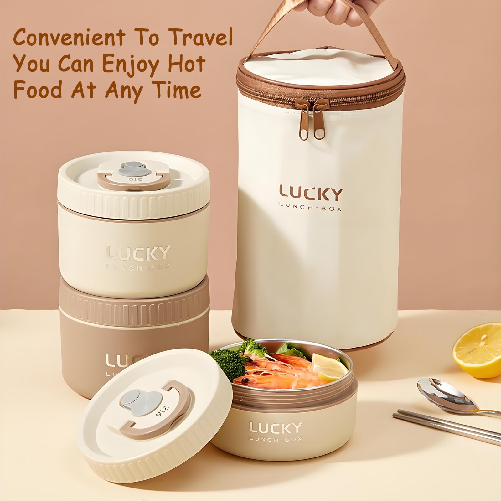 Ausenzup Stainless Steel Lunch Box, 3-Tier Brown, 1pcs, 600ml, Beige, Brown