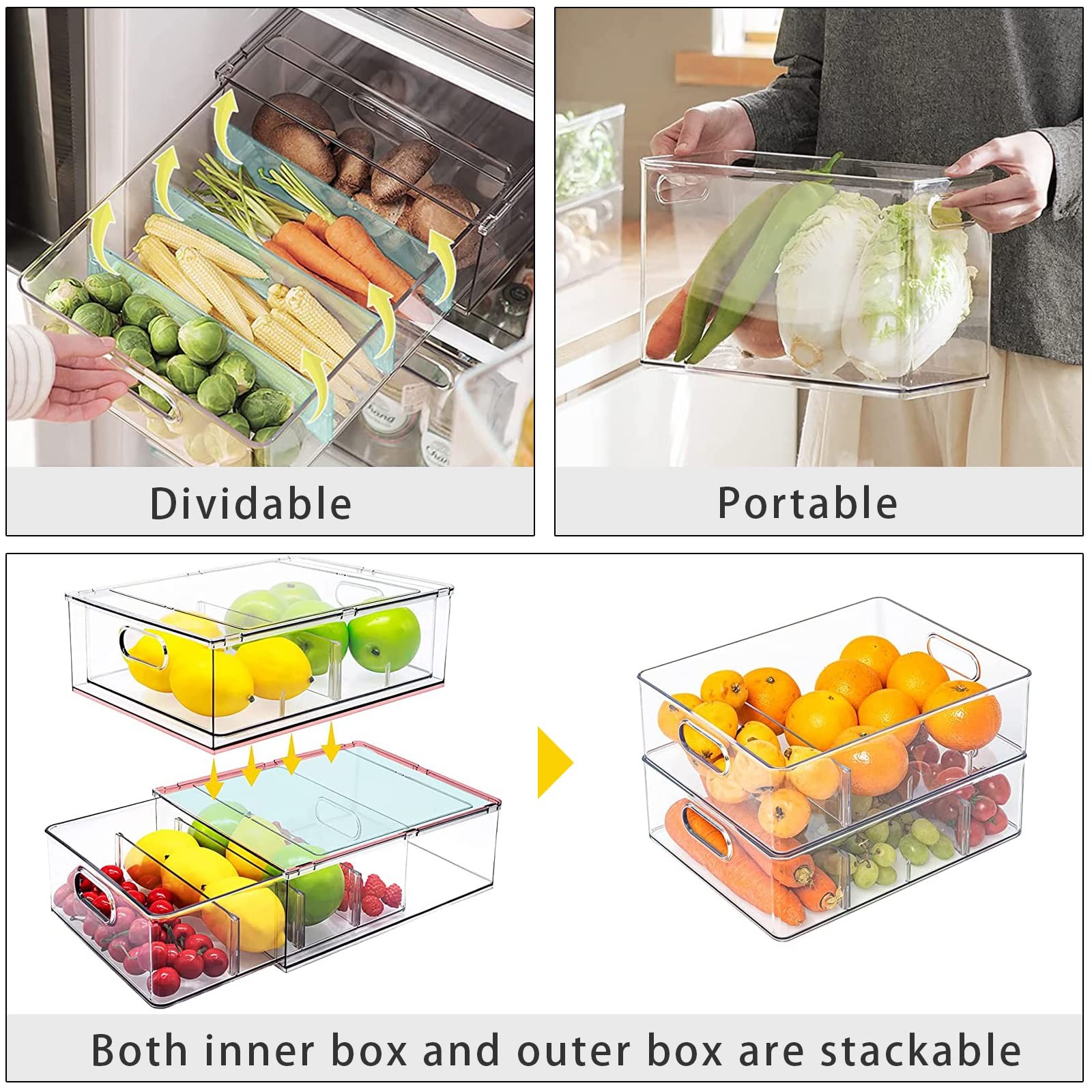 4Pack Stackable Fridge Drawers Pull-out Storage Bins with Handle Clear Food C…