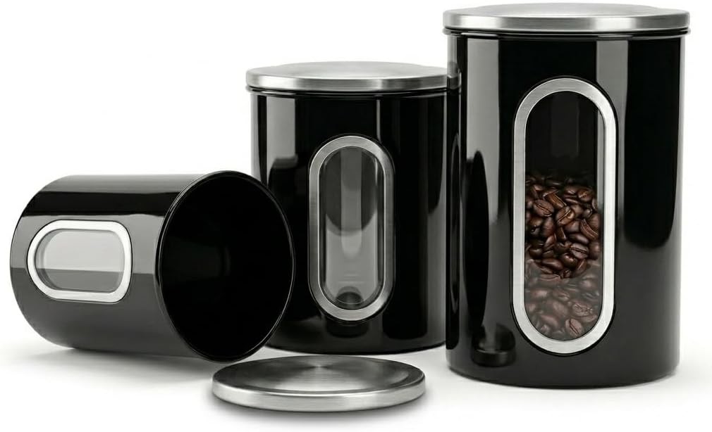 3-Piece Black Canisters Sets For The Kitchen, Airtight Canister Set With See