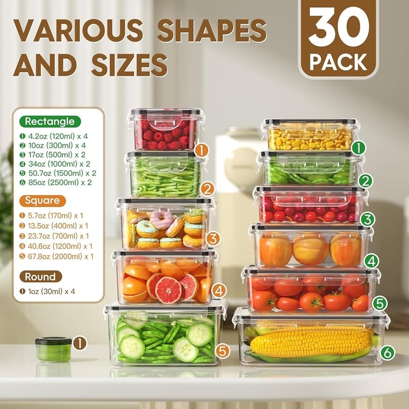 60 Piece Airtight Food Storage Containers Set BPA Free Stackable Microwave Safe