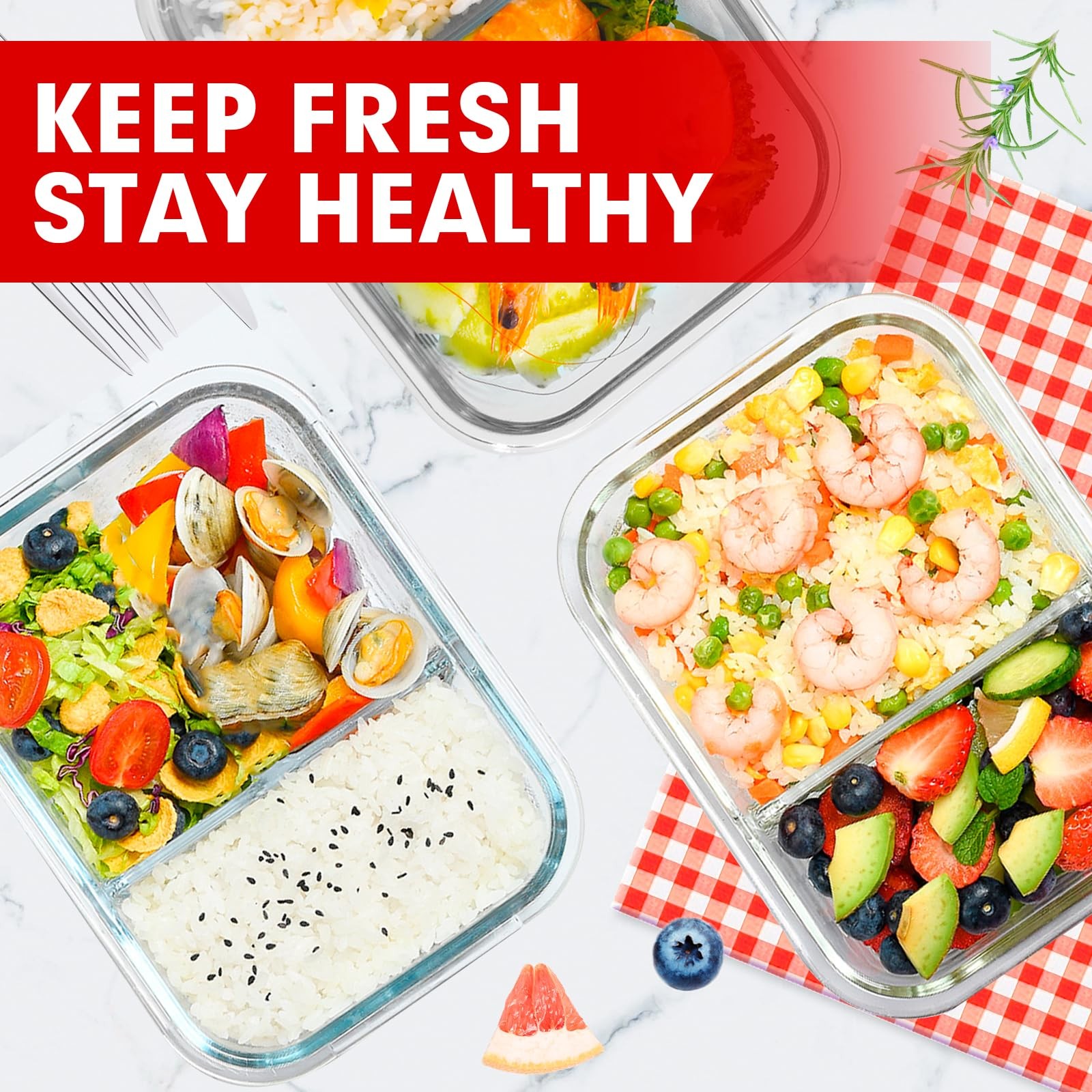 5 Pack Glass Meal Prep Containers 2 Compartment Set, 36OZ Airtight Glass Lunc…