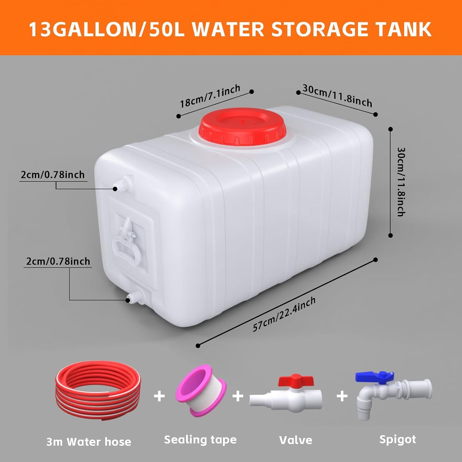 13Gallon/50L Water Storage Tank with Spigot,3m Hose and Control Valve, Large