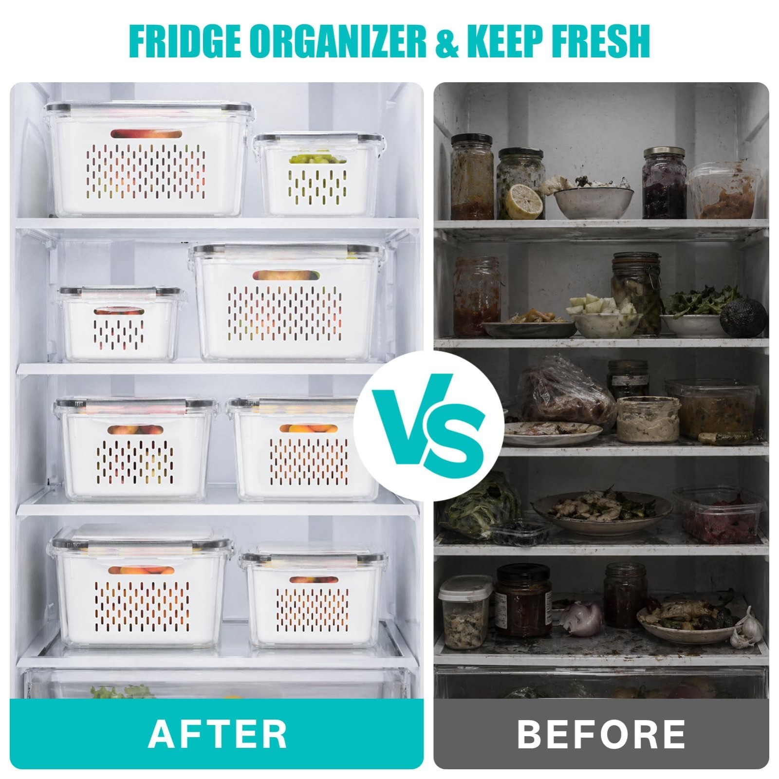 4 Pack Fruit Storage Containers for Fridge – Produce Organizers with Strainer, R