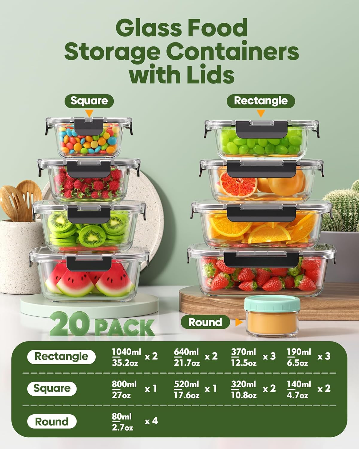 40 PCS Glass Food Storage Containers with Lids(20 Container & 20 Lid), Borosilic