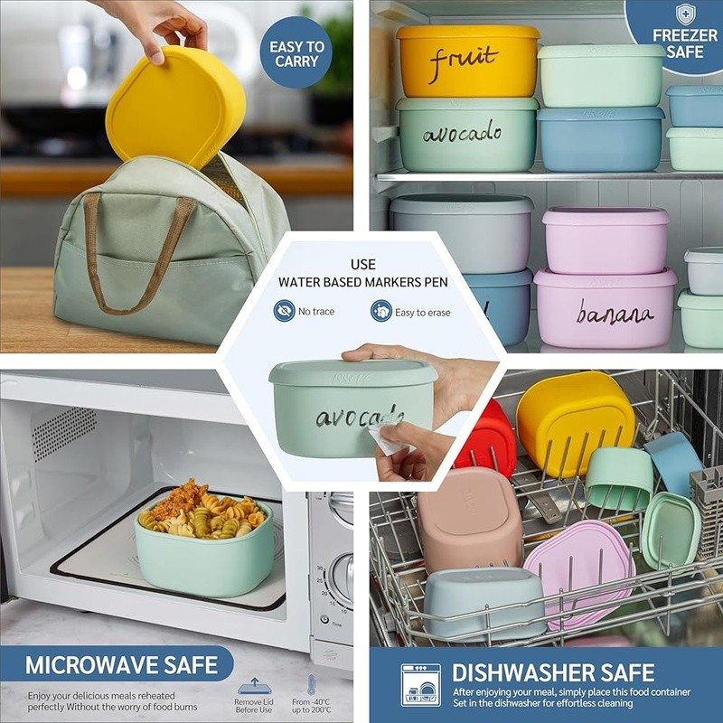 Nesting Silicone Food Storage Containers Set Airtight Leakproof Meal Prep 12pcs