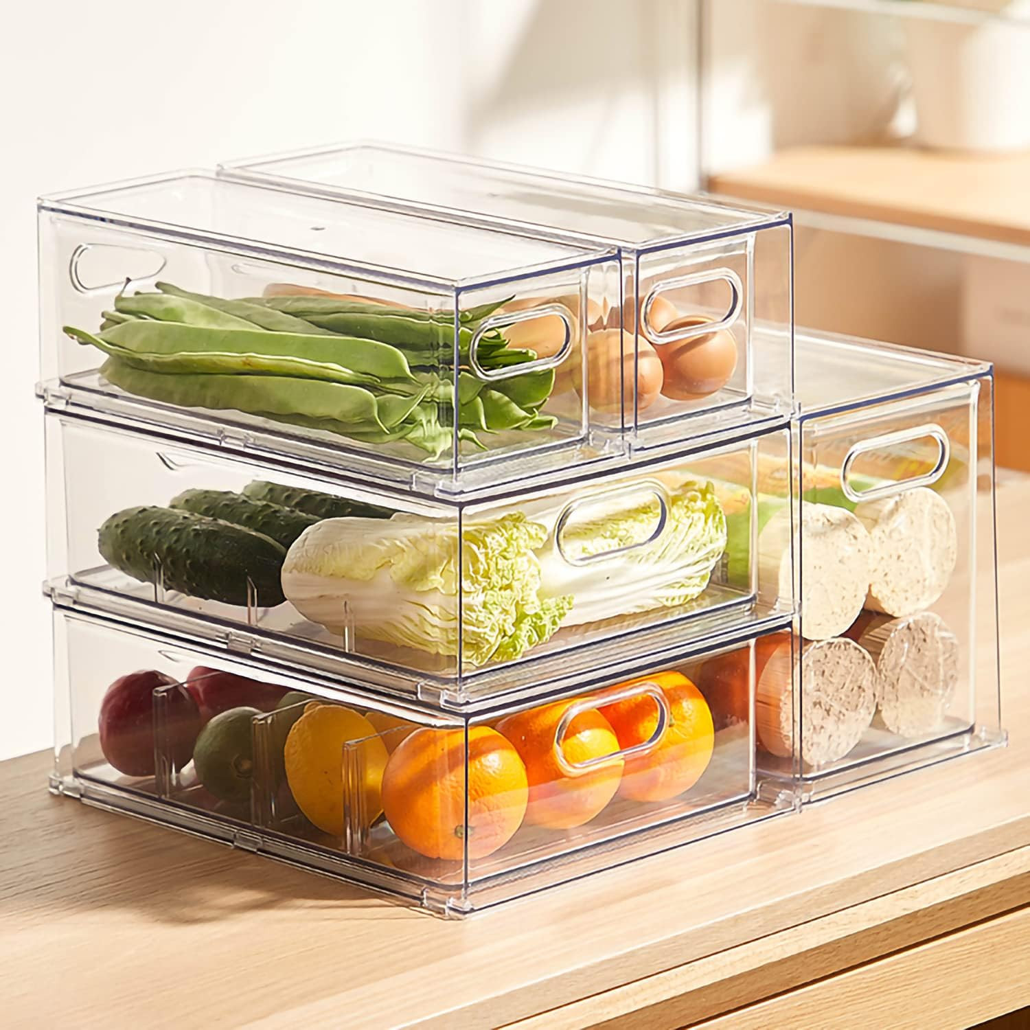 4 Pack Stackable Refrigerator Organizer Bins Pull-Out Drawers for Fruit and Vegg