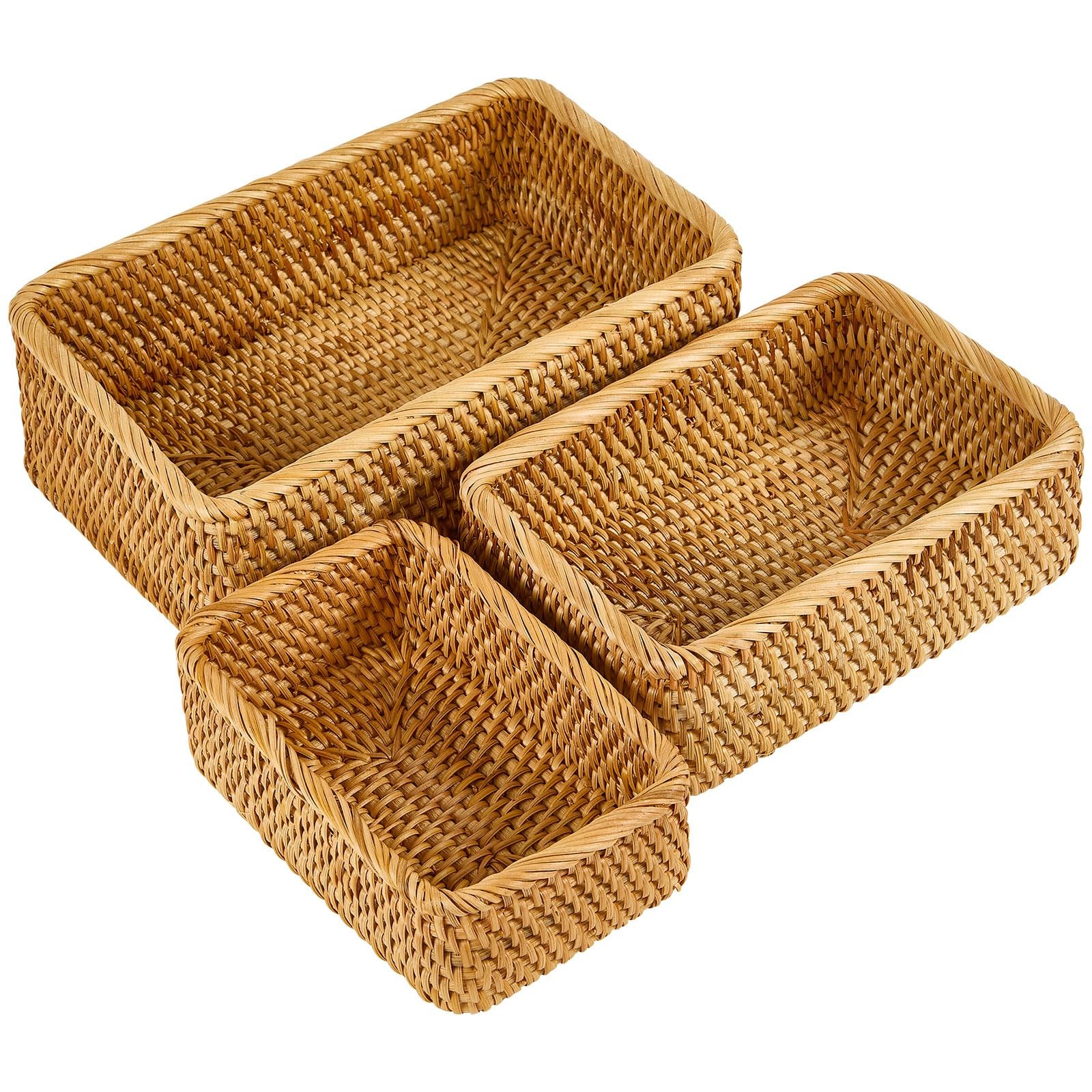 Whalehub Natural Rectangular Rattan Storage Baskets Set of 3, Hand Woven Food…