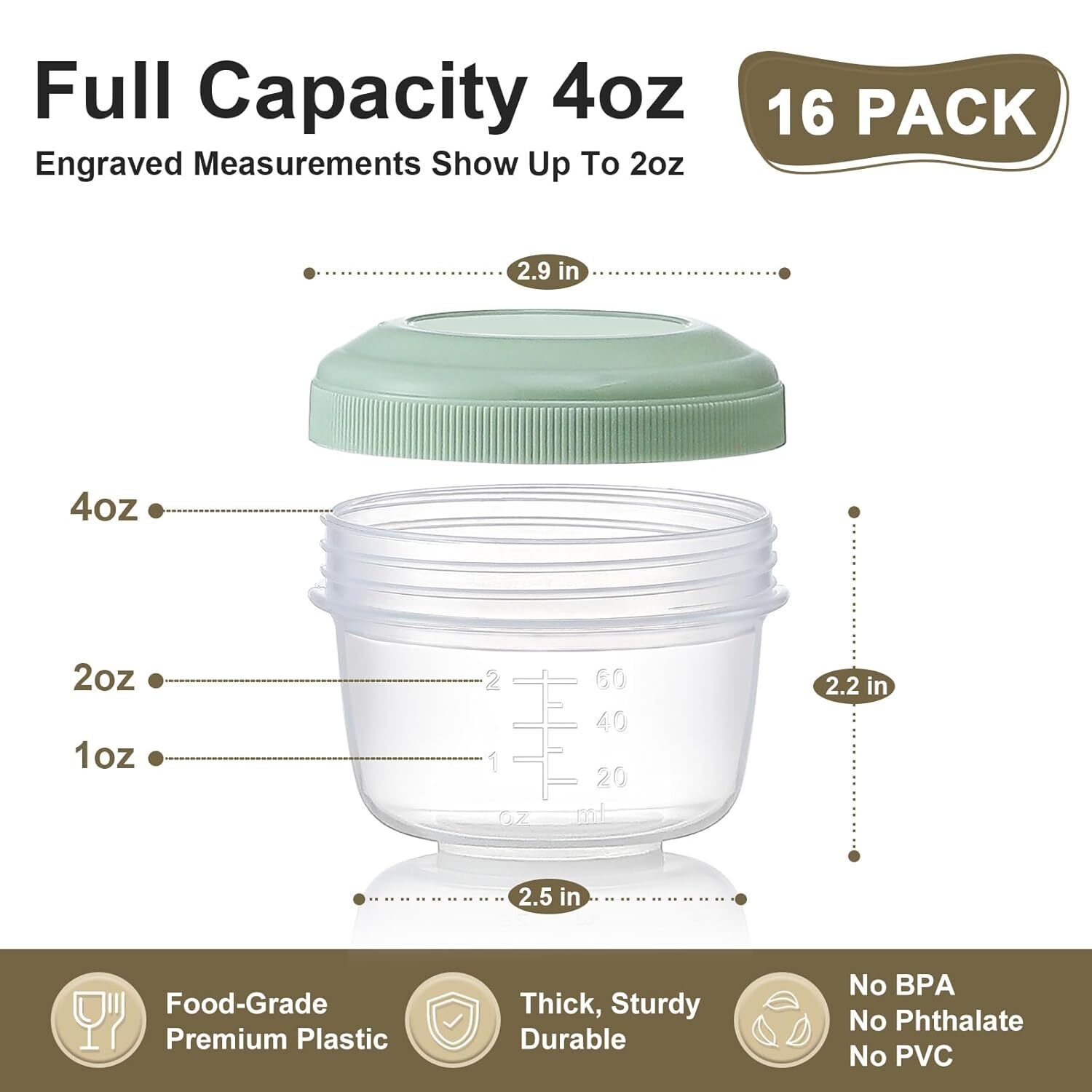 16 Pack 4 oz Reusable Plastic Containers with Lids, Snack & Puree,Salad Dressing