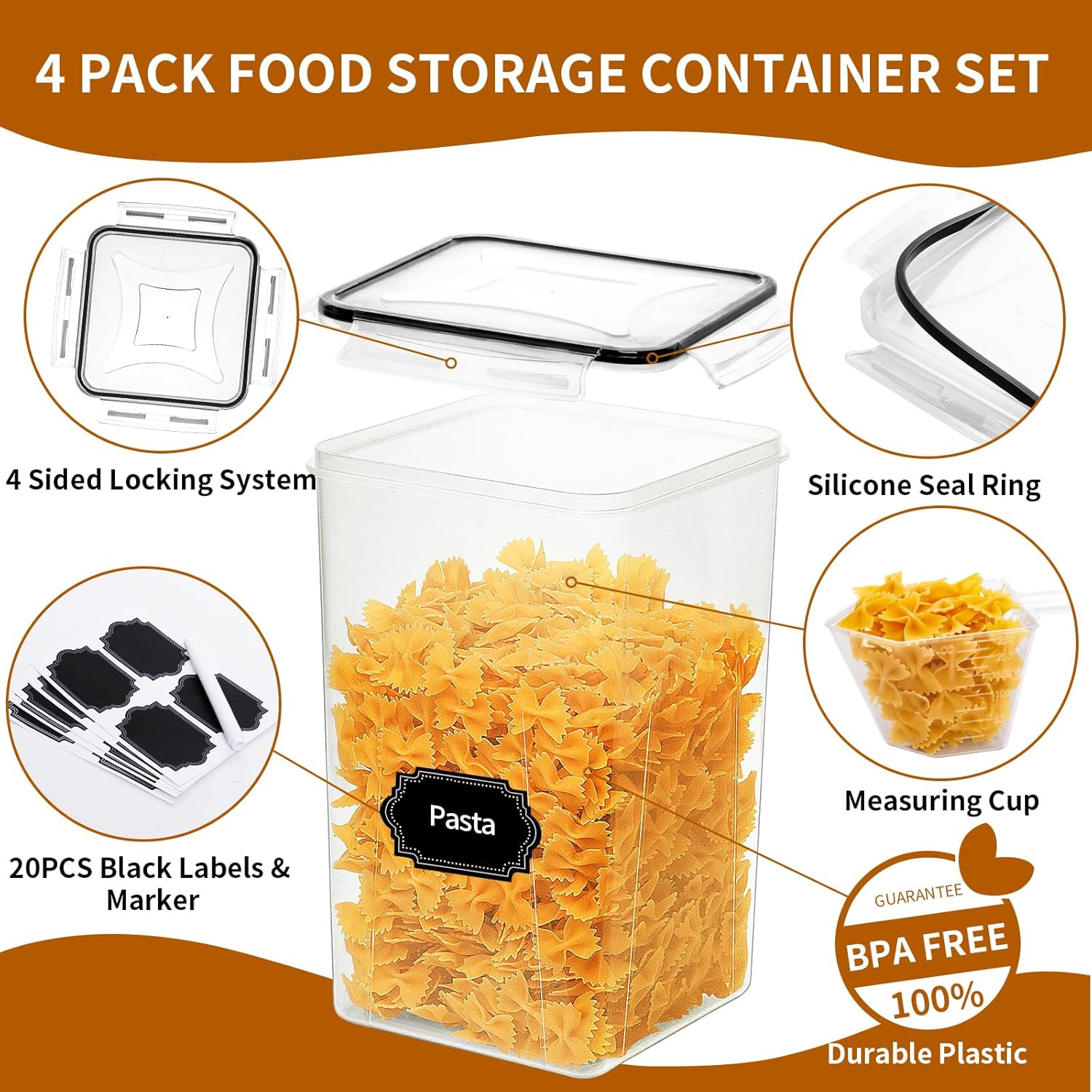 4 Pack Extra Large Airtight Food Storage Containers with Lids (6.5L / 220 Oz), B