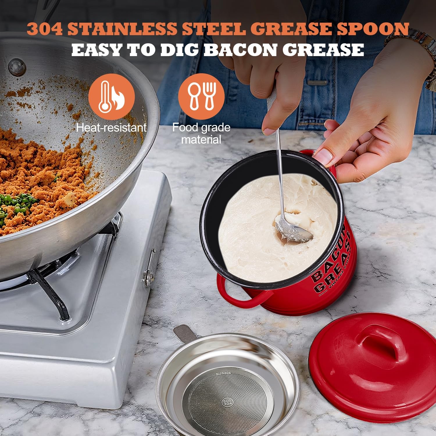 Bacon Grease Container with Strainer – Large 46OZ Red Kitchen Oil Storage Can…