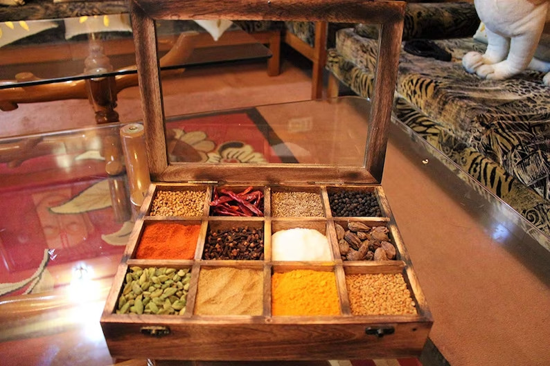 Wooden Spices Box Handcrafted With Antique Lock 12 Jar Partition With Spoon