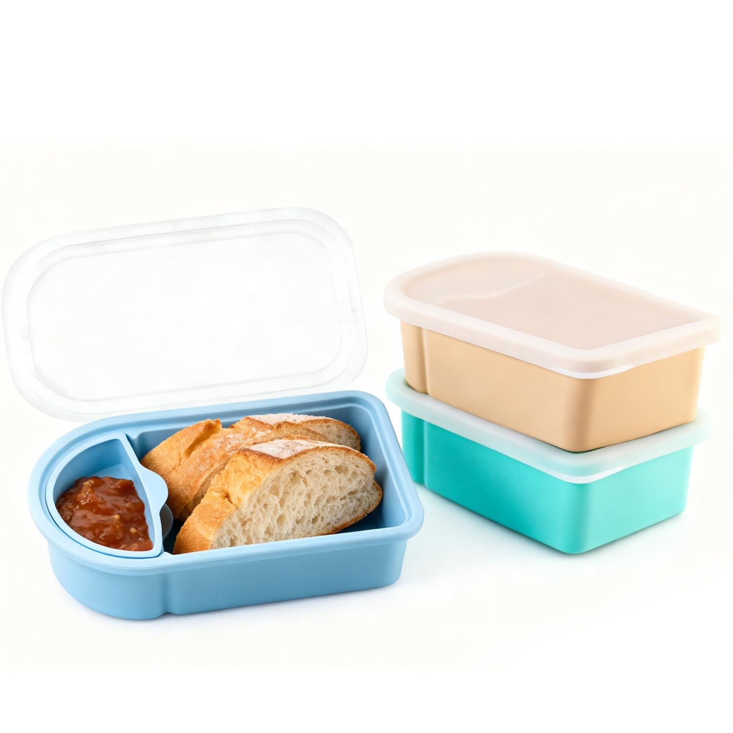 KANIXUM 3-Pack Silicone Bento Boxes with Sauce Cups – 5.9×4 Blue, Green, Red