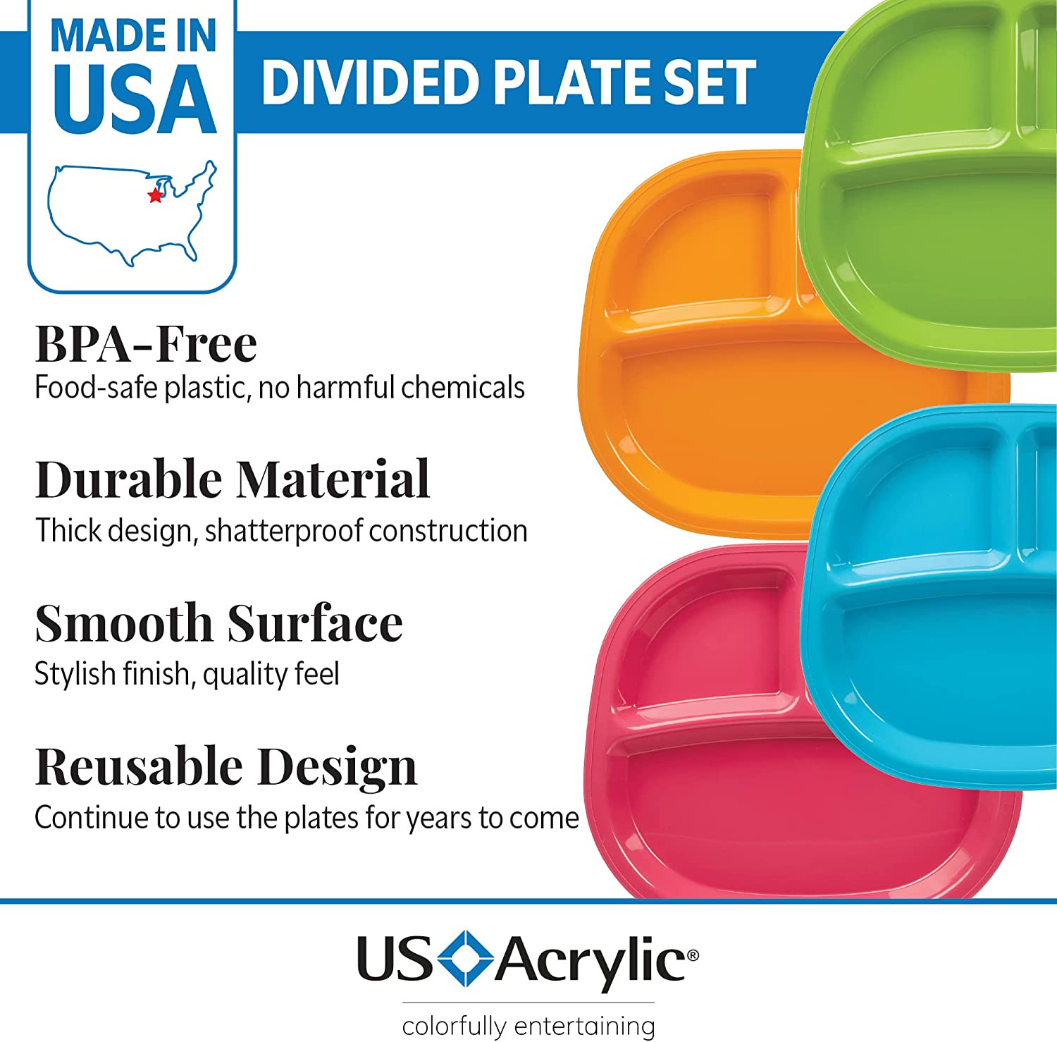 Harmony 3-Compartment Divided Plastic Kids Tray in 4 Calypso Colors | Set of 12