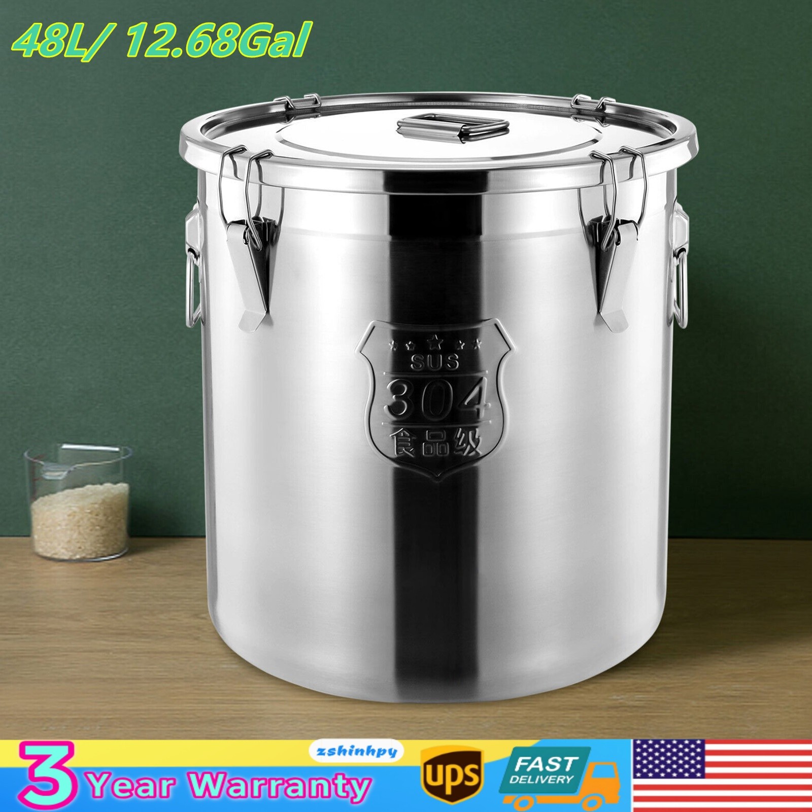 48 L Airtight Canister Stainless Steel Food Container Storage Bucket with Lid