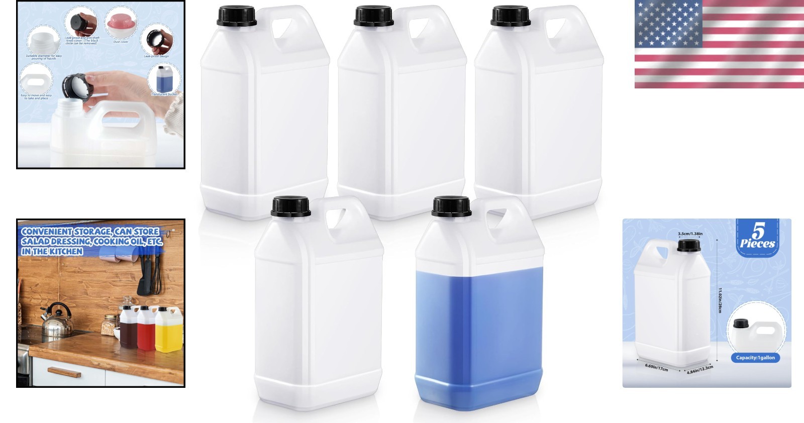 HDPE Plastic Storage Jugs with Lids Five Pack One Gallon for Home and Commercial