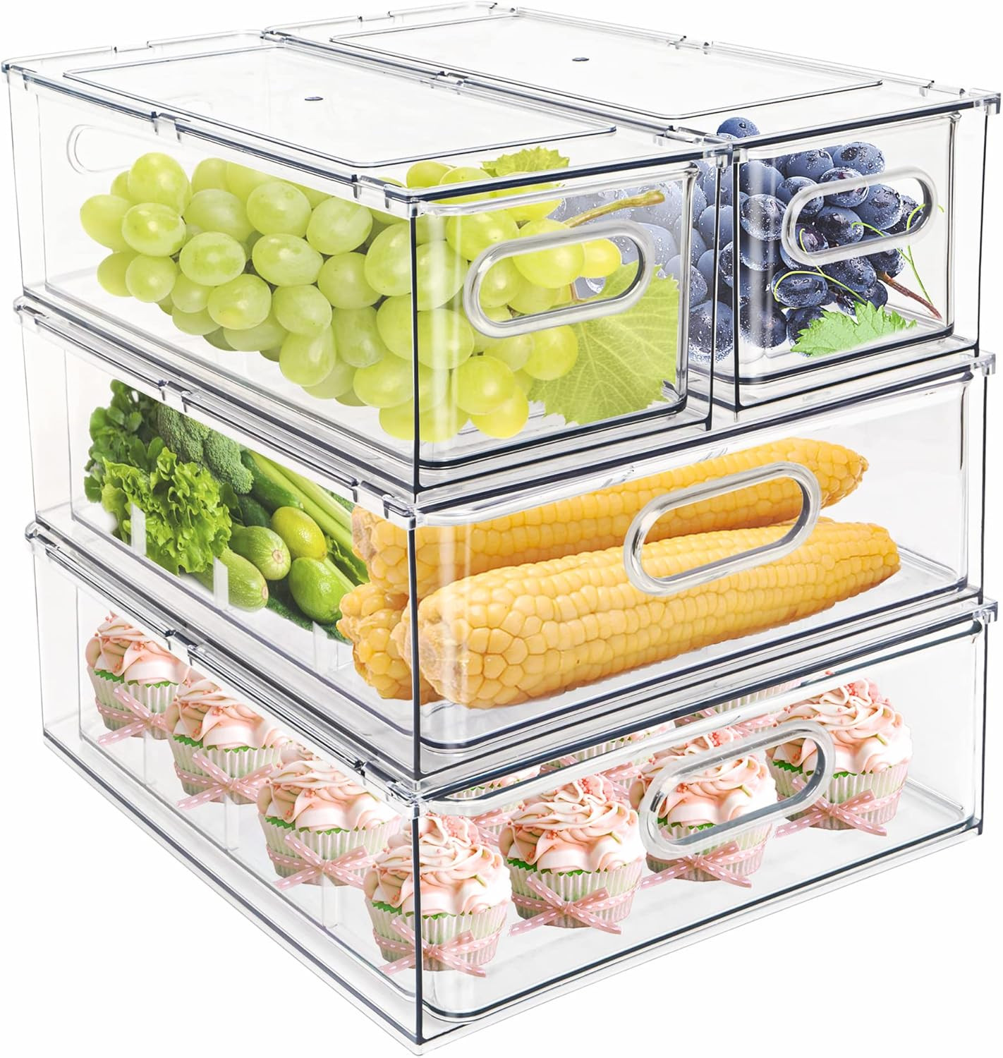 4 Pack Stackable Refrigerator Organizer Bins Pull-Out Drawers for Fruit and Vegg