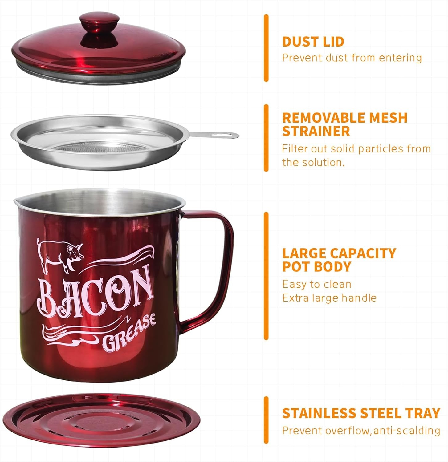 1.3L Bacon Grease Saver Container with Fine Mesh Strainer,Stainless Steel Oil
