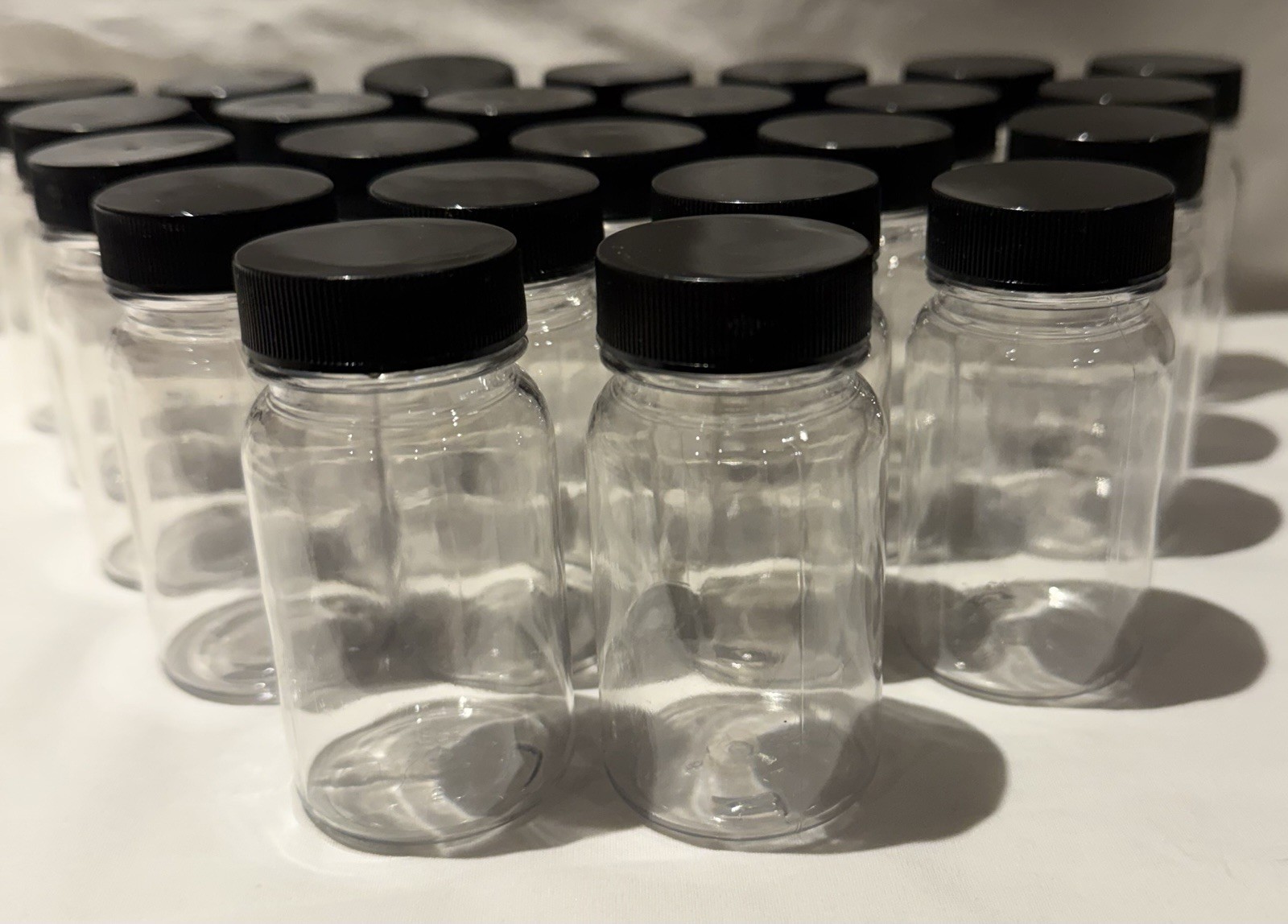 Clear Plastic 2oz Containers with Black Screw Caps – Lot of 24