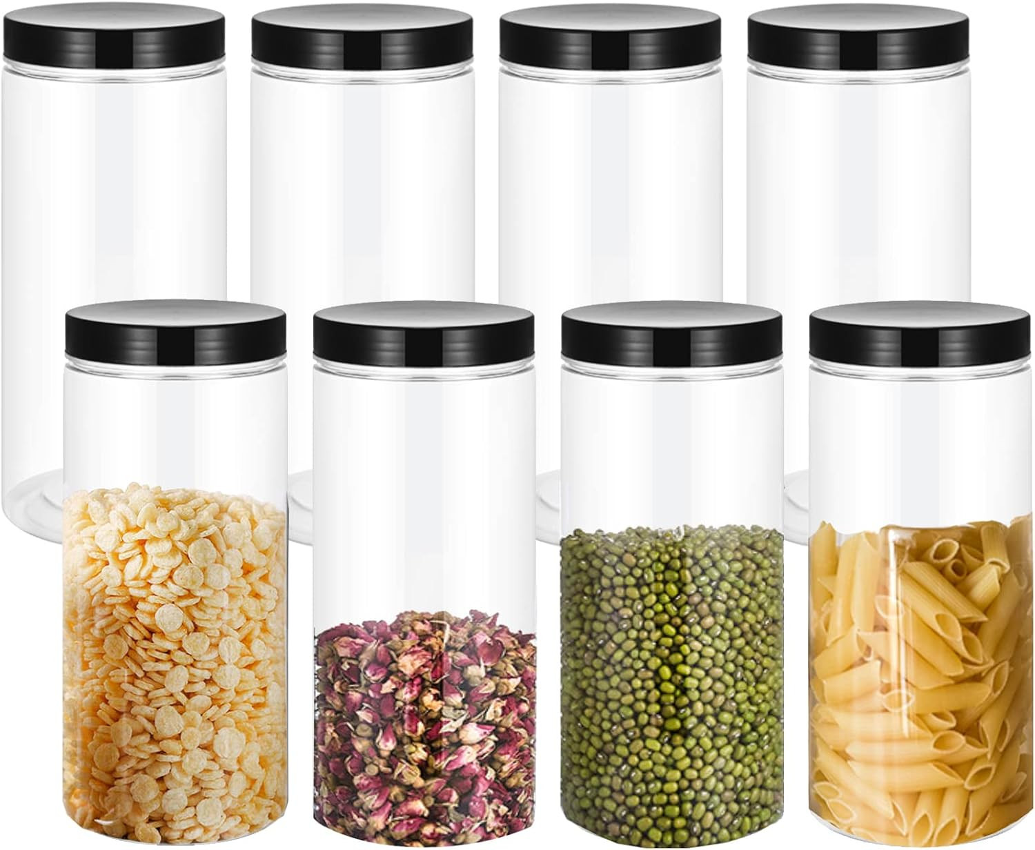 8 Pack 34 Oz Clear Plastic Jars with Black Lids – Plastic Food Storage Jars for