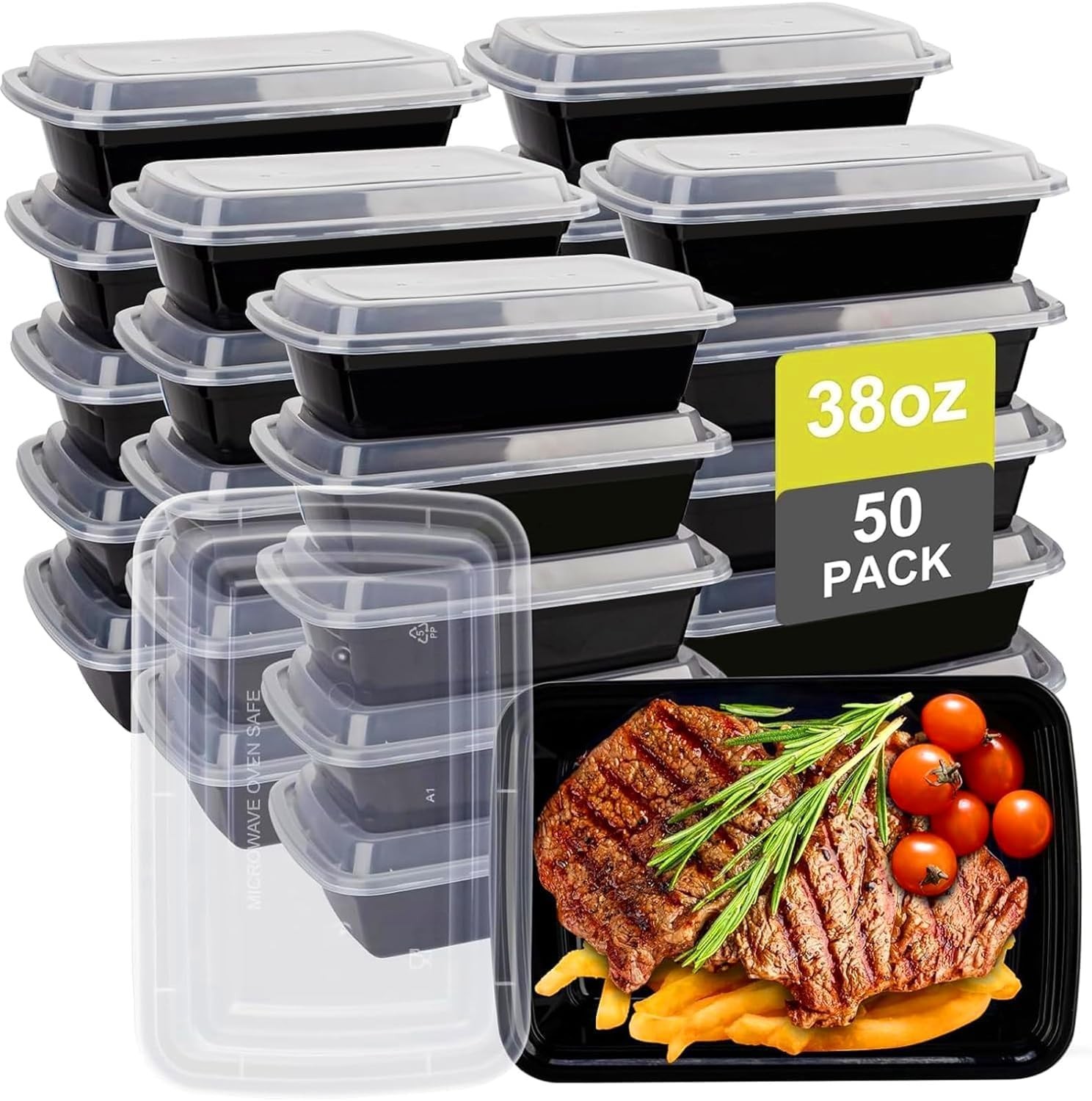 Meal Prep Containers 38oz 50 Pack Plastic To Go Food Containers, Disposable T…