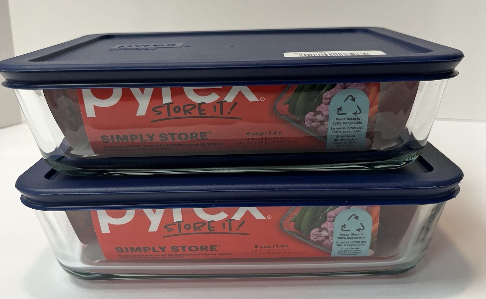 Pyrex 7211 6-Cup Rectangle Glass Storage Dish w/ 7211-PC BLUE Lid Cover (2-Pack)