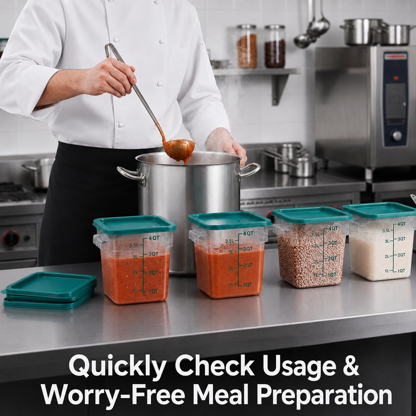 4 Pack 4QT Food Storage Containers with Green Lids, Clear Square 4QT,