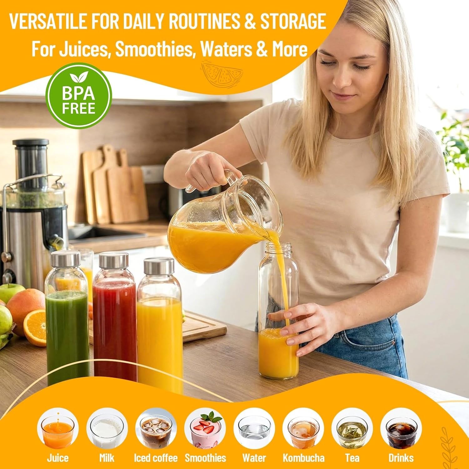 Clear Glass Bottles with Lids 18 oz, Reusable Glass Water Bottles with Stainl…