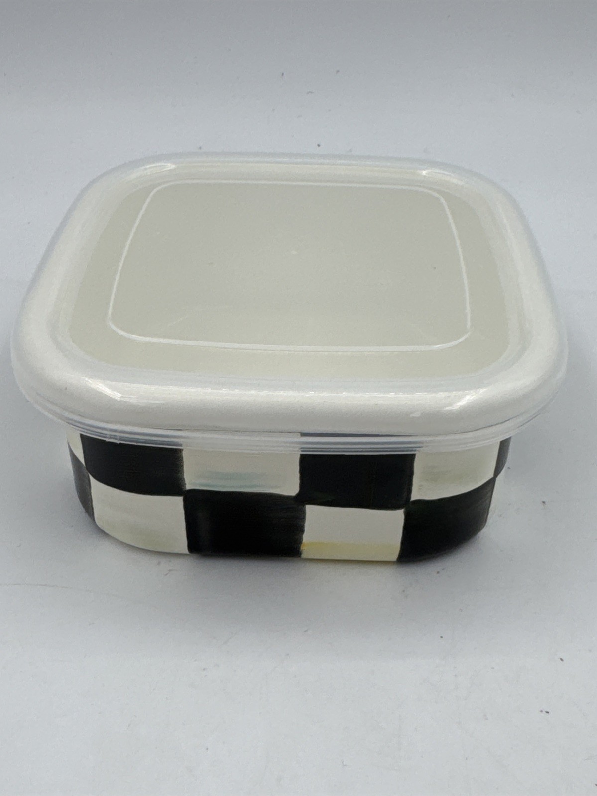 MacKenzie Childs Courtly Check Enamel Storage Container w Lid 4.5” x 4.5” x 2”