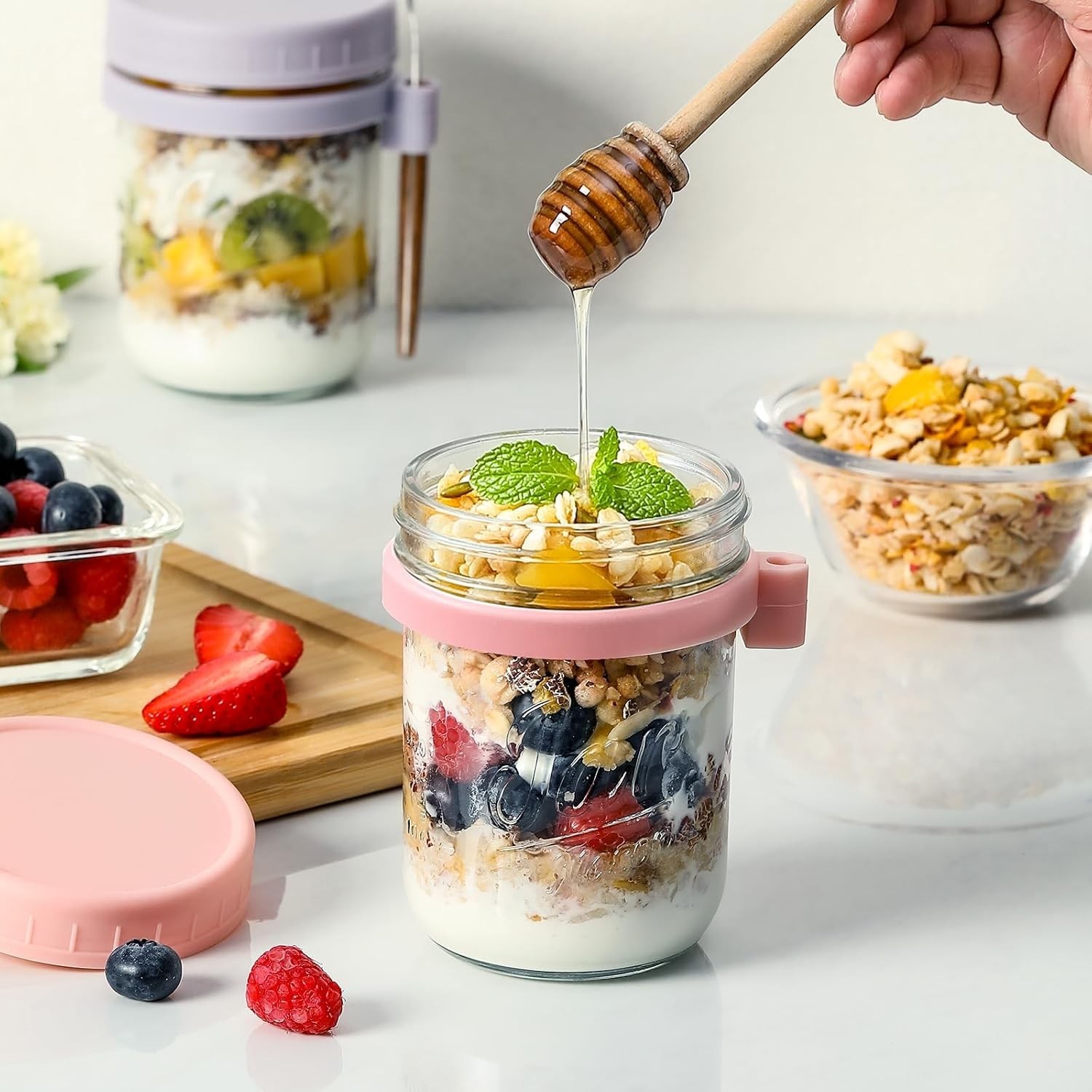 6 Pack Overnight Oats Containers with Lids and Spoons, 16 oz Glass Mason Over…