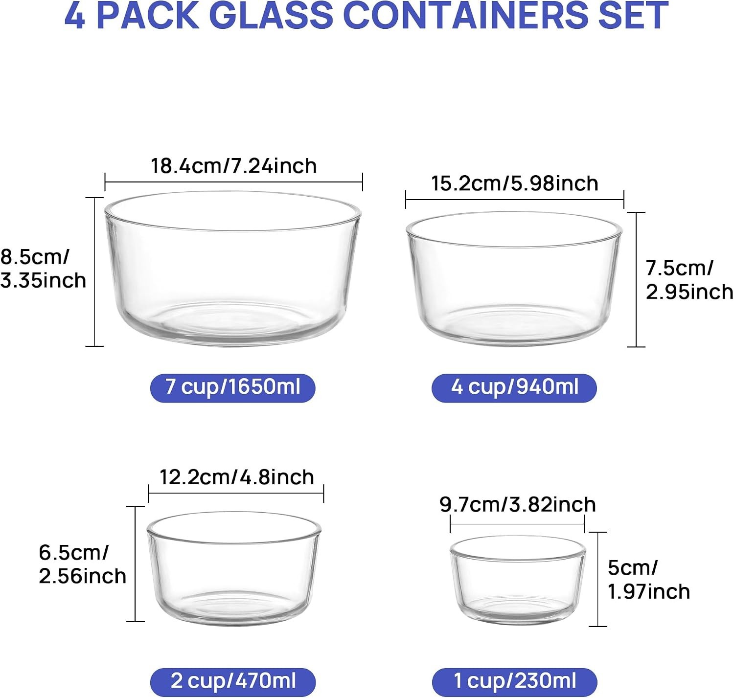4 Pack Glass Bowls with Lids 1, 2, 4, 7 Cup, Food Storage Containers, Meal Pr…