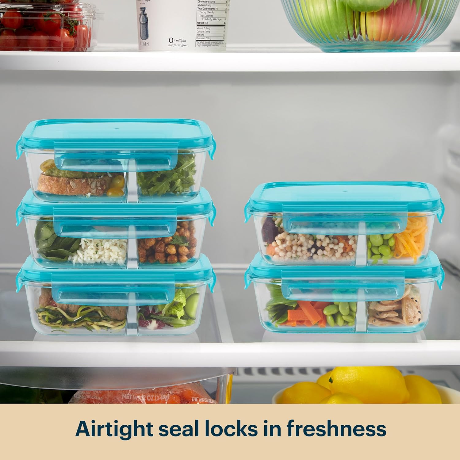 Glass Mealbox (5-Pack, 4 Cup) Divided Compartments with Locking Lids, for Meal P