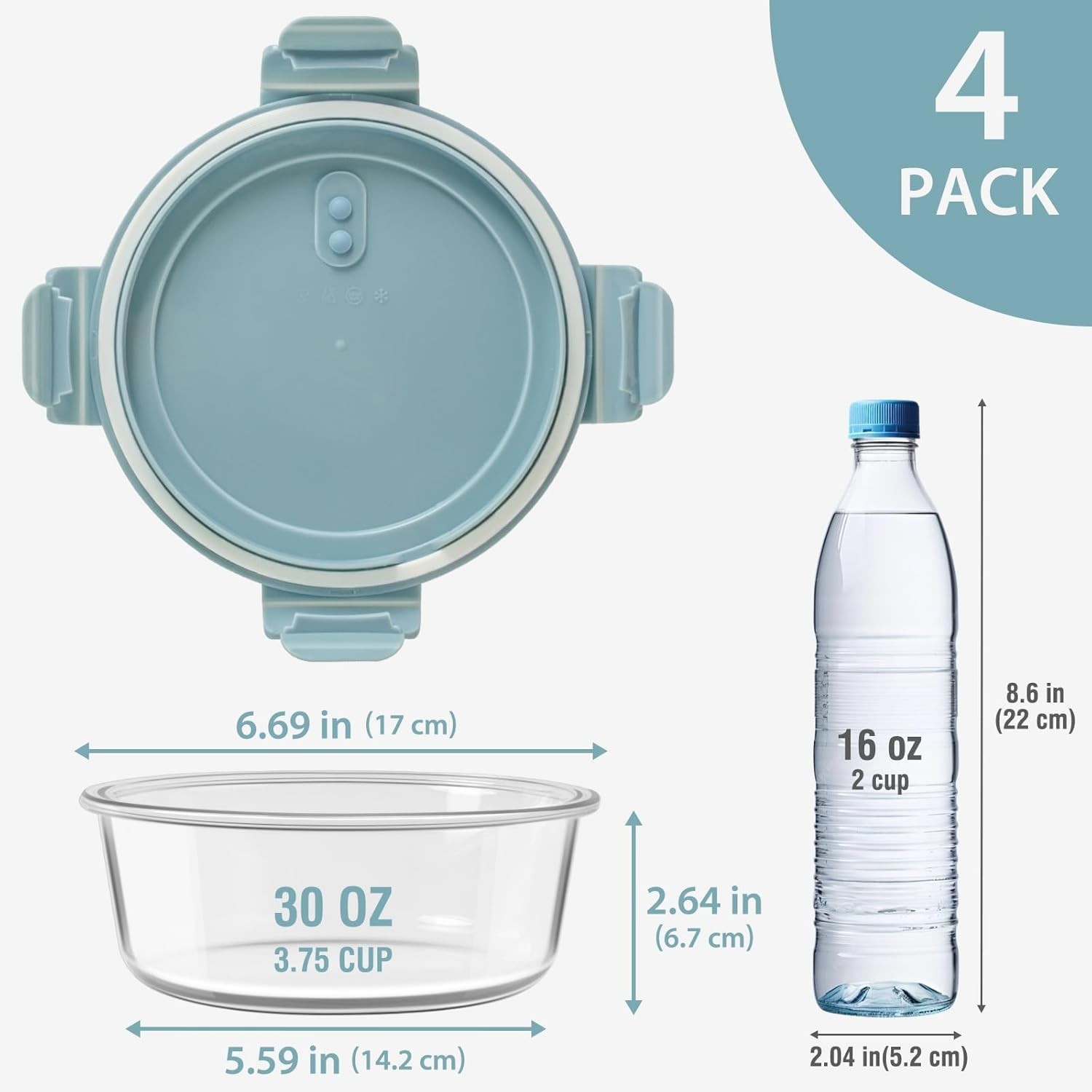 Airtight Glass Meal Prep Containers – 30oz, Microwave, and Freezer Safe – 4 Pack