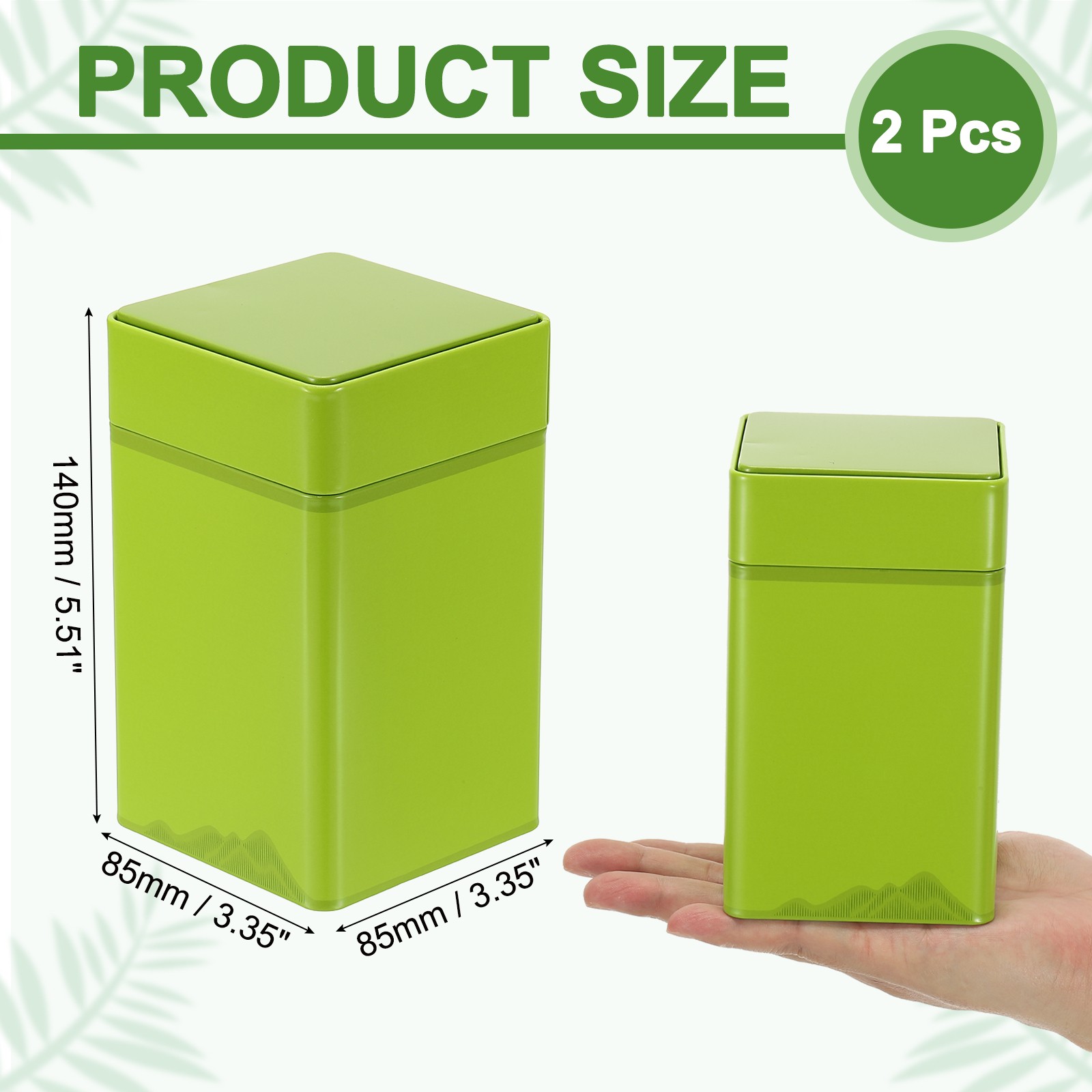 2Pcs Square Tin Can 3.35 x 3.35 x 5.51″ Empty Metal Tea Tin Can Green,