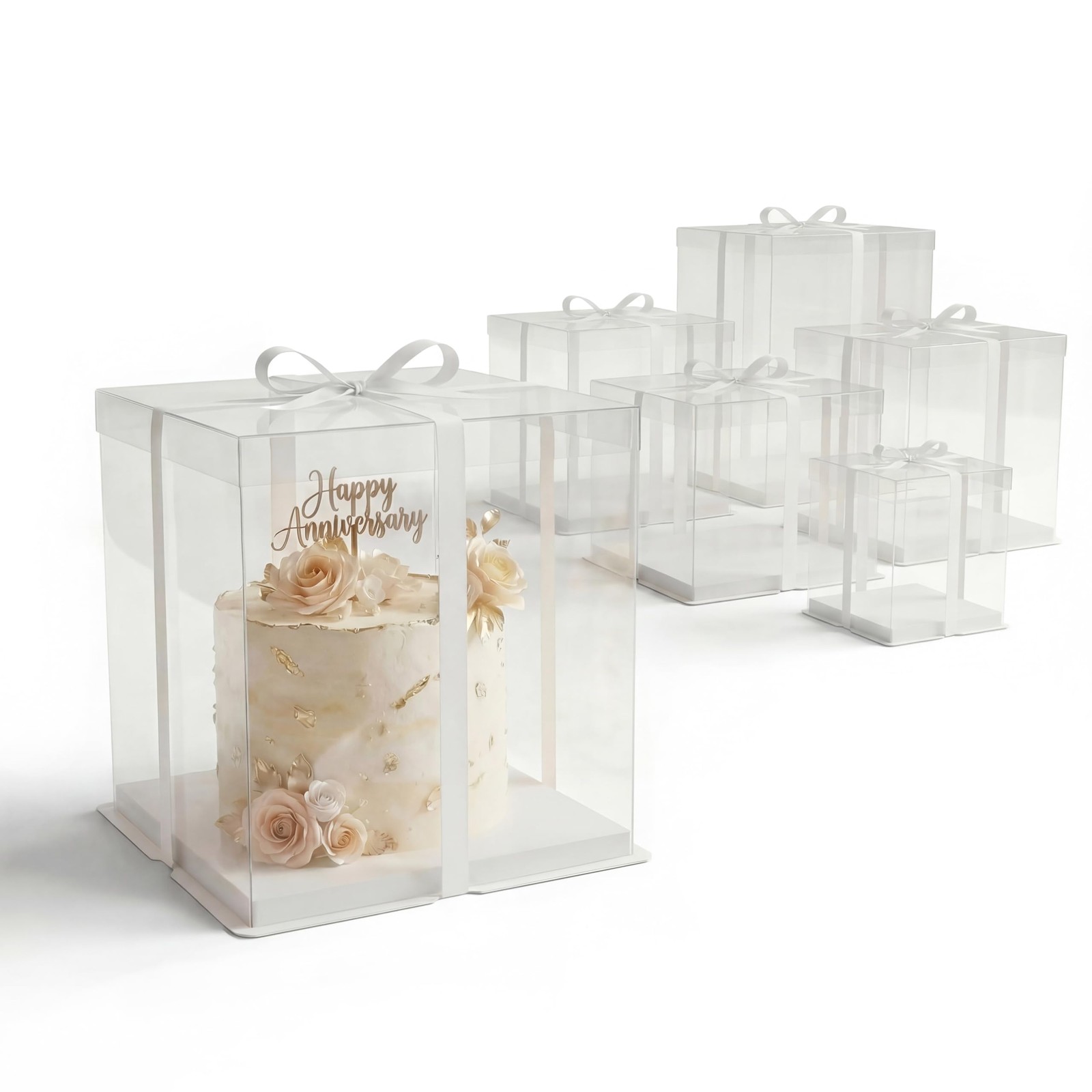 BOARDS+ 10 Inch Clear Cake Boxes (8 Pack) + Satin White Ribbon | Sturdy Beaut…