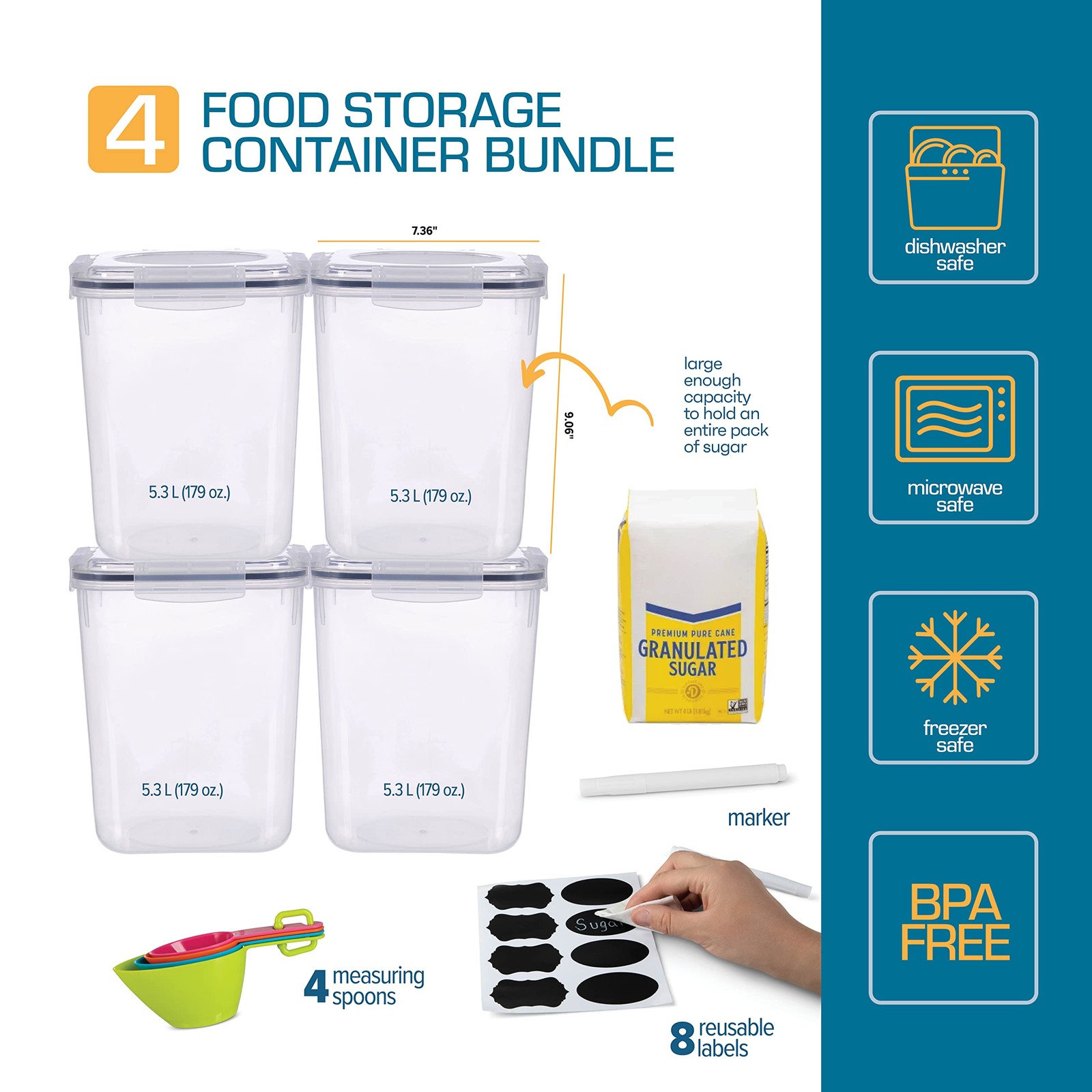 4 Pack Large Food Storage Containers Airtight Lids Flour Sugar Rice Canisters