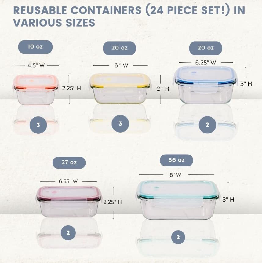 Imperial Home 24 pcs. Glass Meal Prep Storage Container Set W/ Snap Locking Lid