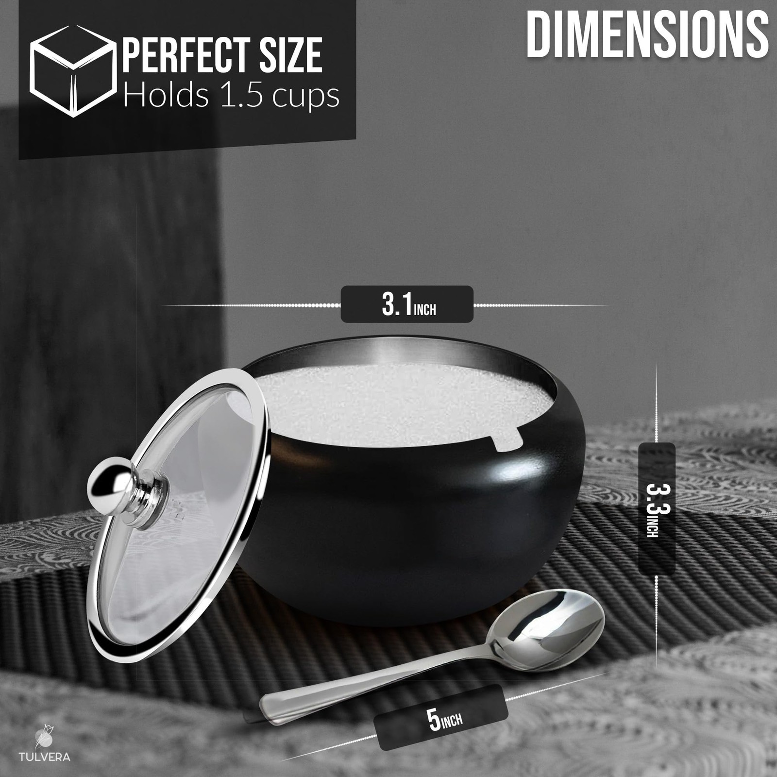Sugar Bowl with Lid and Spoon | 12oz Container Standard, Matte Black