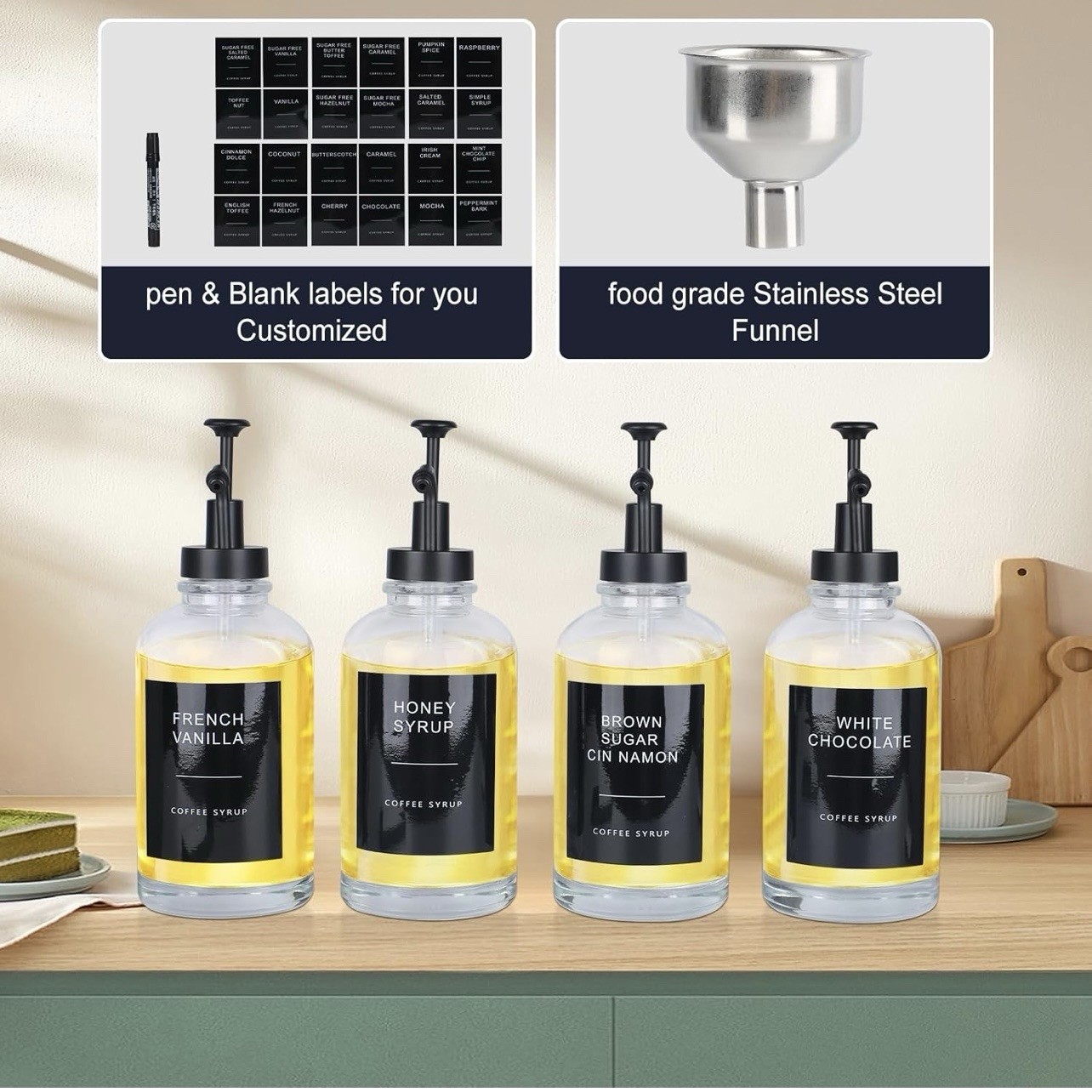4PCS Coffee Syrup Dispenser Glass Syrup Dispenser for Coffee Bar w. Labels an…