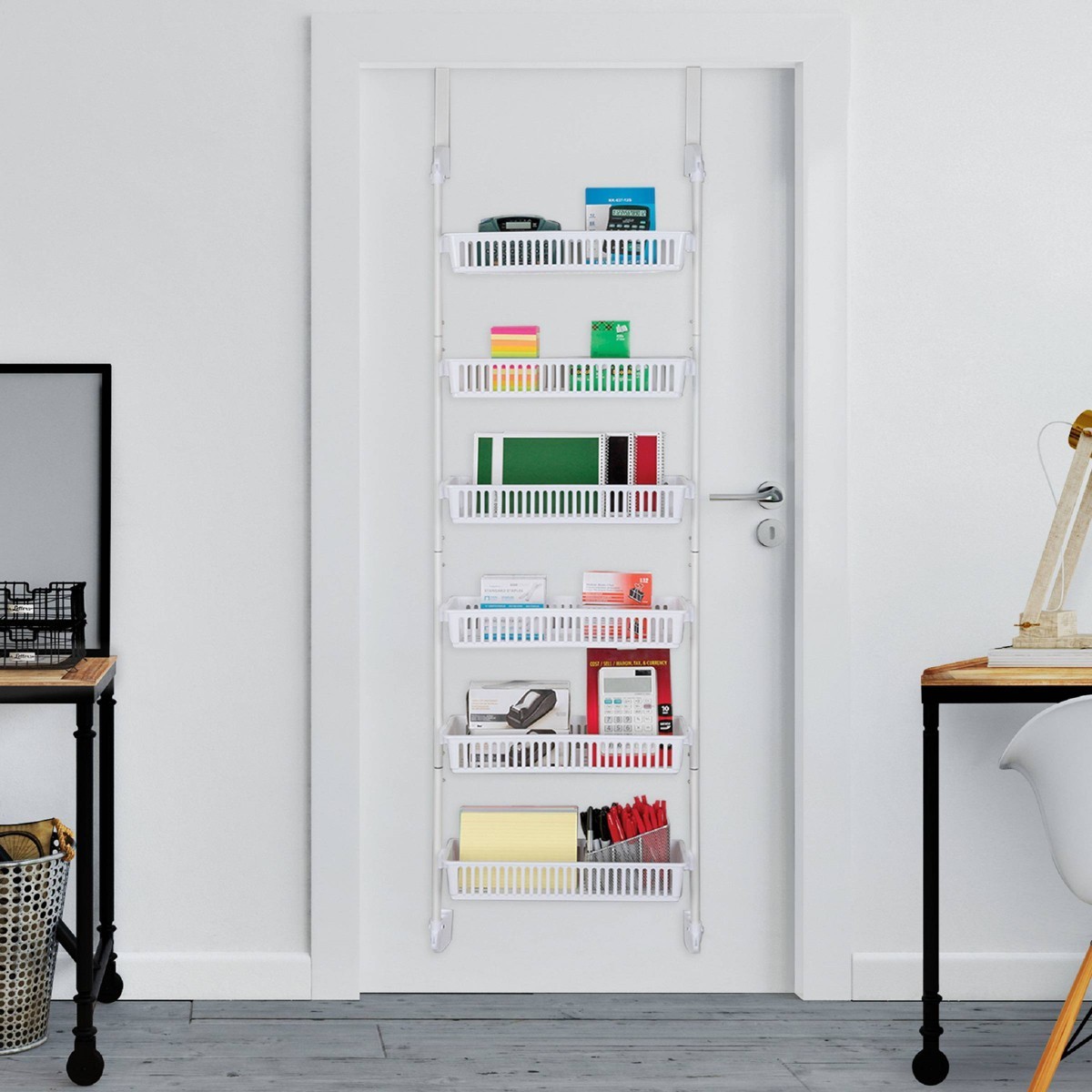 Smart Design Steel 6-Tier Over the Door Pantry Organizer – White: Back of Door