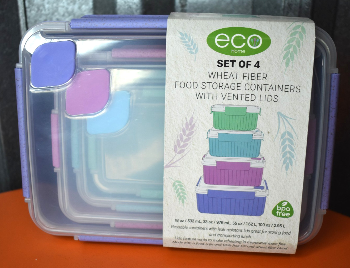 eco Home Food Storage Containers 4pc set with Vented Lids Wheat Fiber – NEW