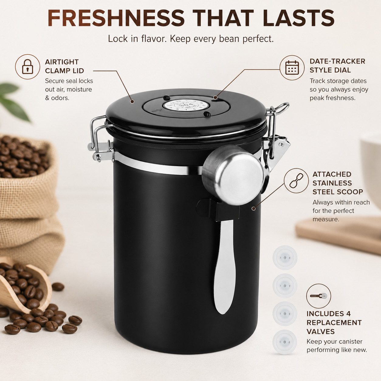 New Item Coffee Canister Storage Container – 22OZ Stainless Steel Black