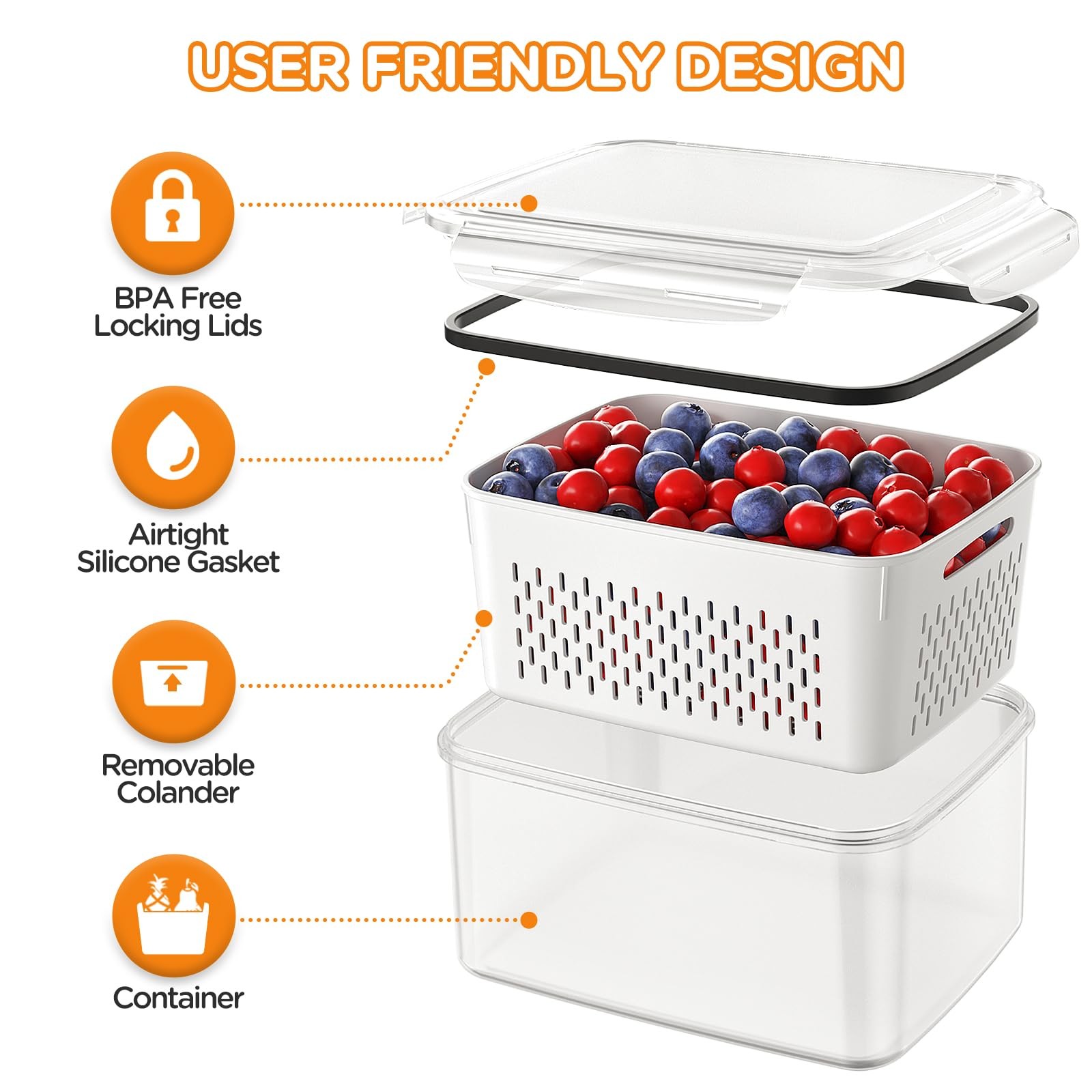 5-Pack Fruit Storage Containers for Fridge with Removable Colanders, 5P white