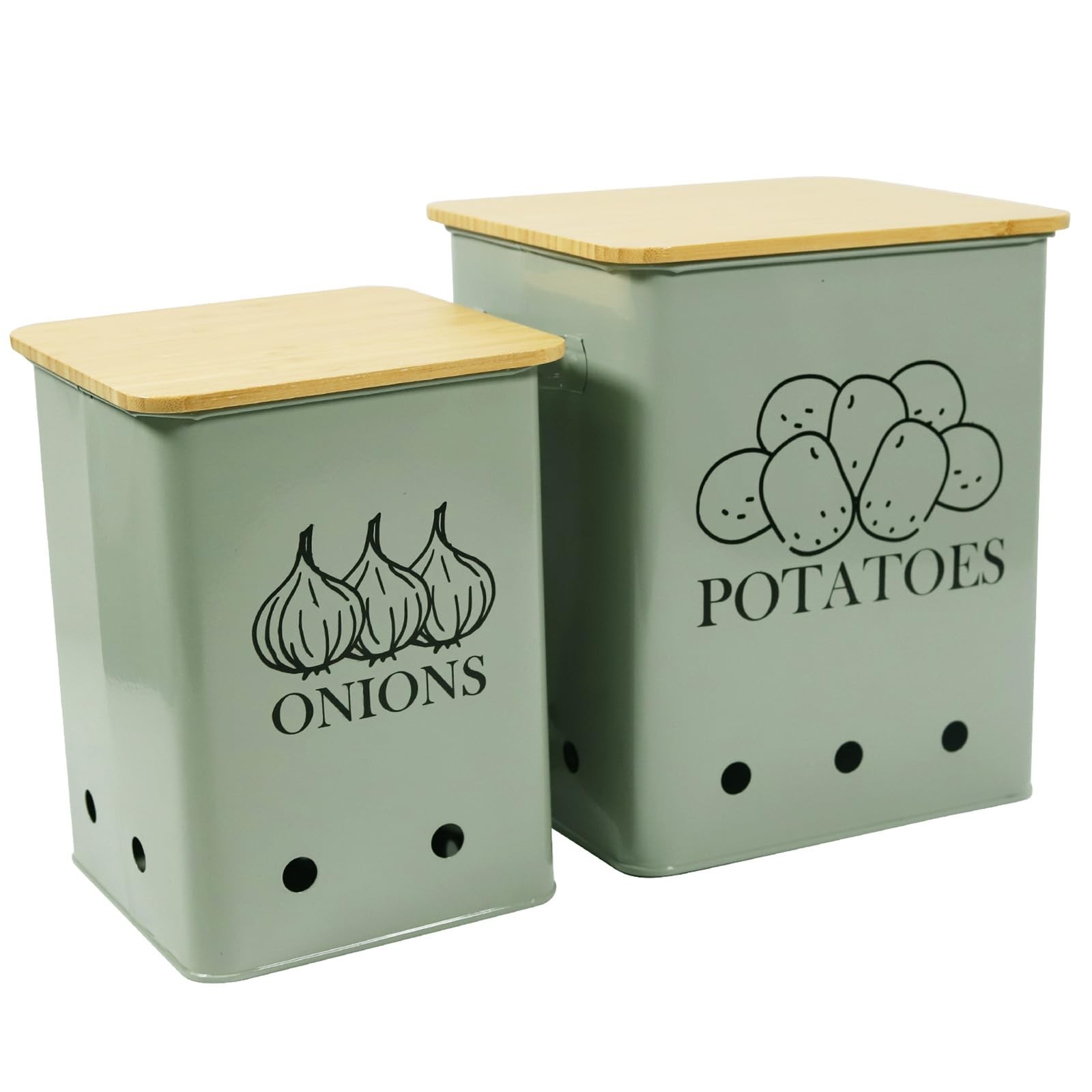 2 PCS Kitchen Vegetable Storage Tins Potatoes Onion Wooden Lid Grayish Green